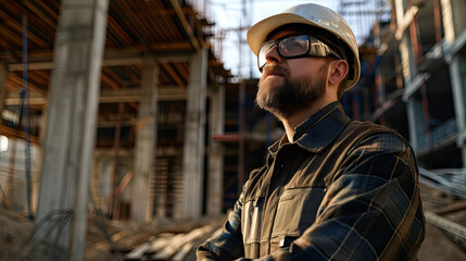 Portrait of a construction worker dressed in work uniform and wearing a hard hat. He is posing at his work site, a building under construction