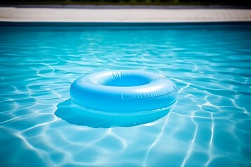 Fototapeta na wymiar inflatable blue circle, in the blue water of the outdoor pool, summer atmosphere of vacation, travel and relaxation