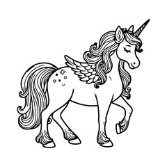 Cute Unicorn Coloring Pages, Unicorn Character Vector Illustration, Kids Coloring Page