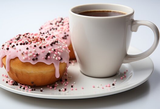Coffee cup and donut on white background, image of coffee cup