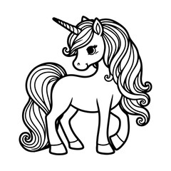 Cute Unicorn Coloring Pages, Unicorn Character Vector Illustration, Kids Coloring Page