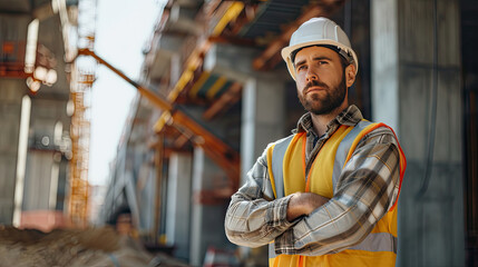 Portrait of a construction worker dressed in work uniform and wearing a hard hat. He is posing at his work site, a building under construction