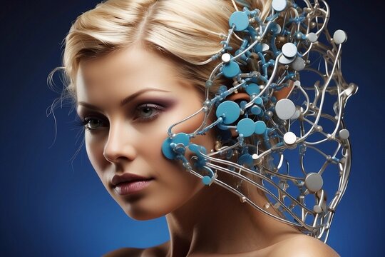 Mujer futurista, con sensores sobre el cuerpo, conexiones neuronales, tecnolog&iacute;a del futuro, implantes neuronales