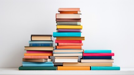 a pile of colorful books against a white background.