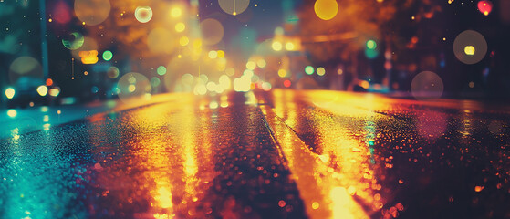 An image taken close to the wet asphalt surface in the middle of an empty street at night. Brightly...