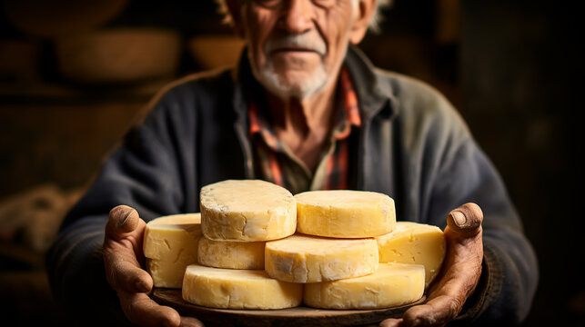 Cheese maker at the storage with shelves full of cow and goat cheese