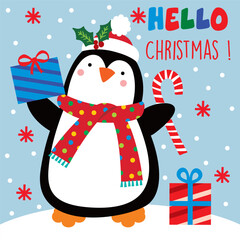 Cute Penguin with Christmas Gifts and Candy Cane