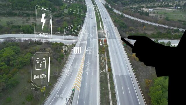 Intelligent Vehicles Cars Communicating Ai Logistic Autonomous Delivery Vehicles IoT GPS Tracking Satellite 5G Smart Roads Traffic Road Junction Interchange Motorway Triangulation Of Traffic Data