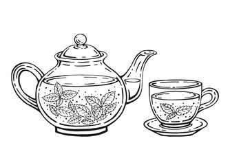 Tea set with healthy green tea, mint leaves. Teapot and cup. Hand drawn vector illustration in outline style.