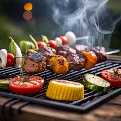 Steakhouse Outdoors: Sizzling Steak and Flavorful Grilled Vegetables.