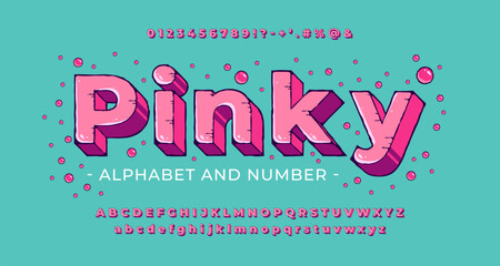 Bright pink cartoon 3D font with ink outline and drips. Playful retro bold alphabet with numbers, letters and symbols. Vector illustration