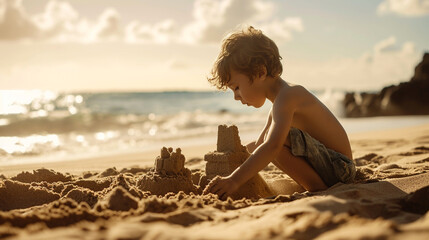 little boy play with sand on summer beach - obrazy, fototapety, plakaty