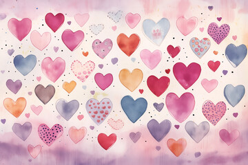 Collection of pink and purple watercolor hearts, love and Valentine's day painting.