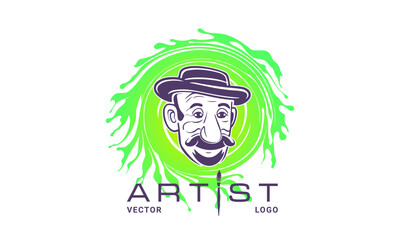 Vector color logo. Graphic portrait of a kind, sweet, elderly male artist wearing a hat. Spiral drips of green paint. White isolated background.