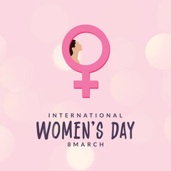 international womens day with heart 8 march greeting or wishing card pink color background with face banner, post, design vector illustration