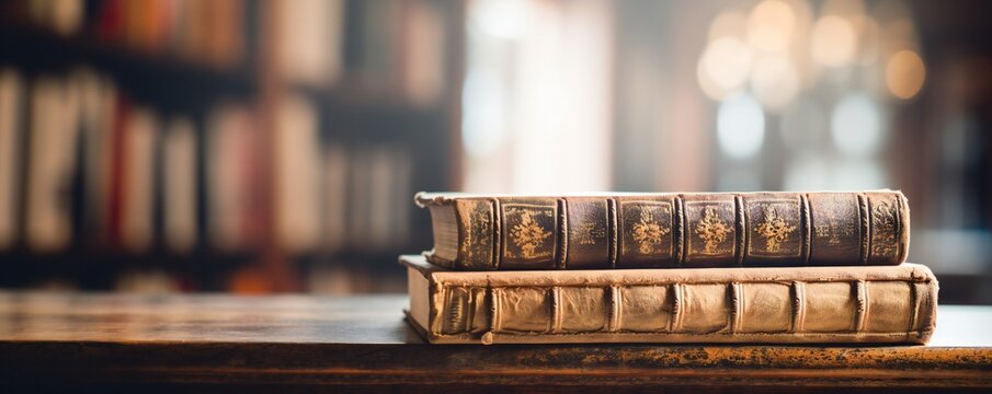 Banner or header image with stack of antique leather books in out of focus library background, lots of empty copy space Generative AI