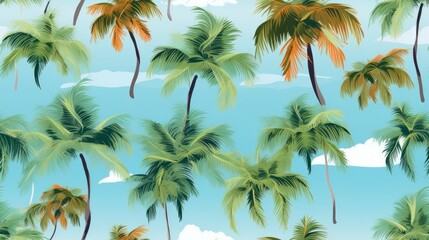 Palm trees, coconut trees and a vivid, multicolored sky game art, seamless for background - obrazy, fototapety, plakaty
