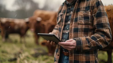 Fototapeten On a cow farm, the modern, tech-savvy farmer manages processes efficiently, holding a tablet in his hands to conduct research and enter data into a database © ND STOCK