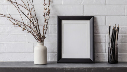 Mock up black frame and dry twigs in vase on book shelf or desk. White colors.