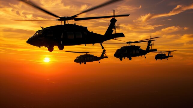 UH60 Blackhawk flying at sunset, Wallpaper, Generative AI