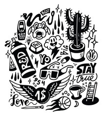 Doodle pattern design. Cactus, sunglasses, mobile phone, ball, yo, pill, dog. Print vector background illustration. - 704887133