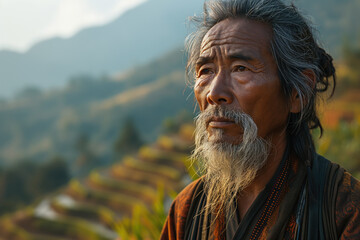 asian rural man in folk clothes against the background of a valley with agricultural terraces - obrazy, fototapety, plakaty