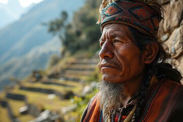 elderly peruvian villager in national clothes - obrazy, fototapety, plakaty