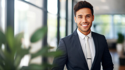 Fototapeta premium Young caucasian businessman smiling happy standing at the city.