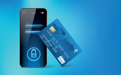 Credit card, smartphone with login and password interface. Safe shopping, secure payments, secure transaction concepts. Blue gradient background.