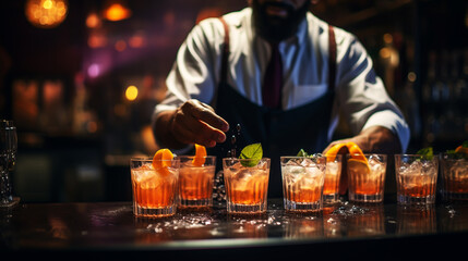 barman gently pours finished cocktail from glass shaker into glass. Body of bartender in black apron on background.