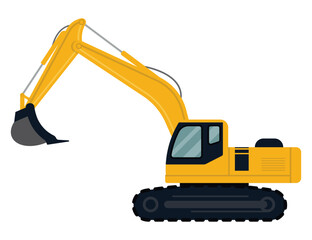 Yellow excavator with view from side. Construction vehicle. Vector illustration.