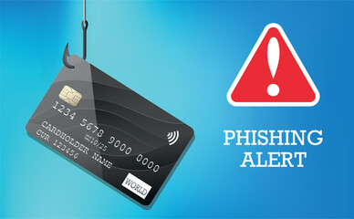 Plastic bank card on a fishing hook. Money trap concept. Phishing credit card on a fishing hook. Fishing alert. Awareness poster.