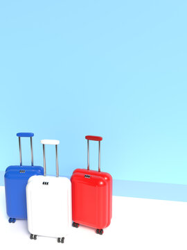 Travel suitcases in the colors of the flag of France on a white background with empty space for text. 3d illustration on the theme of business trips.