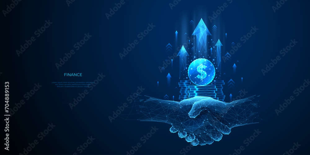 Poster increase revenue and successful partnership concepts. handshake and coin stack with growth arrow up 