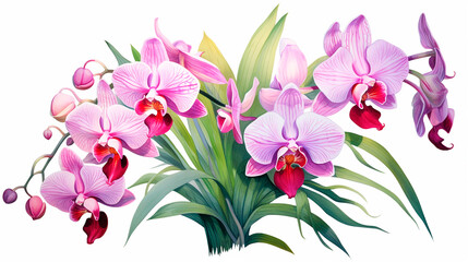 Fototapeta na wymiar watercolor illustration, orchid flowers and green leaves, bouquet, floral composition, isolated on white background