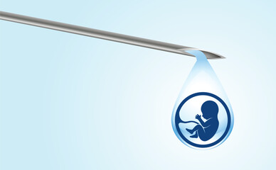Artificial insemination. Test tube for babies, IVF. On the tip of the pipette is a drop with the silhouette of a baby embryo dripping into a test tube. copy space.