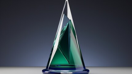 An elegant cone-shaped award trophy in shades of royal blue and emerald, epitomizing accomplishment and recognition, displayed prominently against a backdrop of pure white.