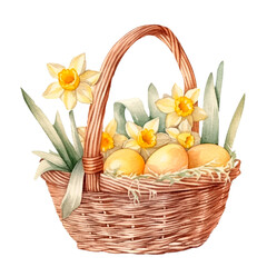 Easter basket watercolor isolated illustration. Spring basket with easter eggs and daffodils. Colorful isolated spring watercolor illustration. AI generative.