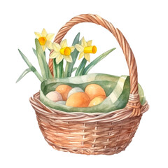 Easter basket watercolor isolated illustration. Spring basket with easter eggs and daffodils. Colorful isolated spring watercolor illustration. AI generative.