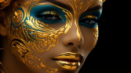 Beauty woman painted in black skin color body art, gold makeup lips eyelids, fingertips nails in gold color paint. Professional gold makeup