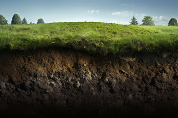 underground soil layer of cross section earth, erosion ground with grass on top - obrazy, fototapety, plakaty