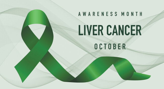 The green ribbon, as a symbol of liver cancer awareness, is celebrated annually in October. Banner, poster.