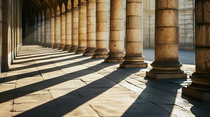 Stone pillars colonnade background with sunlight and long shadows from columns.