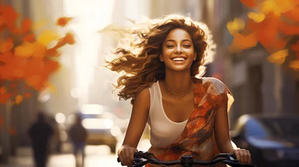 Poster Happy young woman ride by bicycle © alexkich