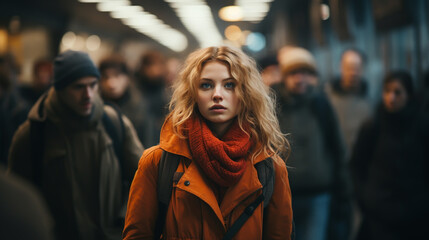 Fototapeta premium people walking in the city street crowd at winter time