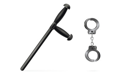 Police bat, handcuffs. Ammunition for police officers, safety rubber baton, isolated clipart. Black club with a handle. Security weapon. Protective military equipment, law enforcement tool