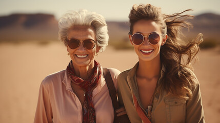 Beach, hug and elderly mother and daughter relax, bond and enjoy quality time freedom, peace or travel vacation. Mamas love, nature wind and happy family portrait of women