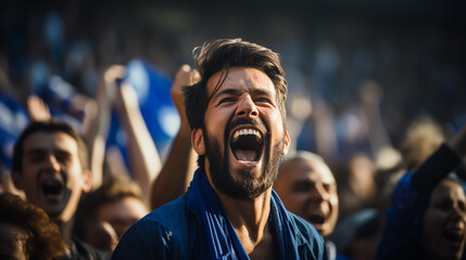 group of fans dressed in blue color watching a sports event in the stands of a stadium