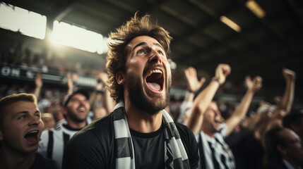 Crowd of sports fans cheering during a match in stadium. Excited people standing with their arms raised, clapping, and yelling to encourage their team to win.