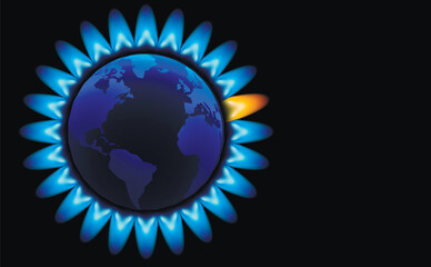 gas crisis. Planet earth and blue flames of natural gas. Burning blue flame and one orange gas burner flame. copy space. Black background. View from above.